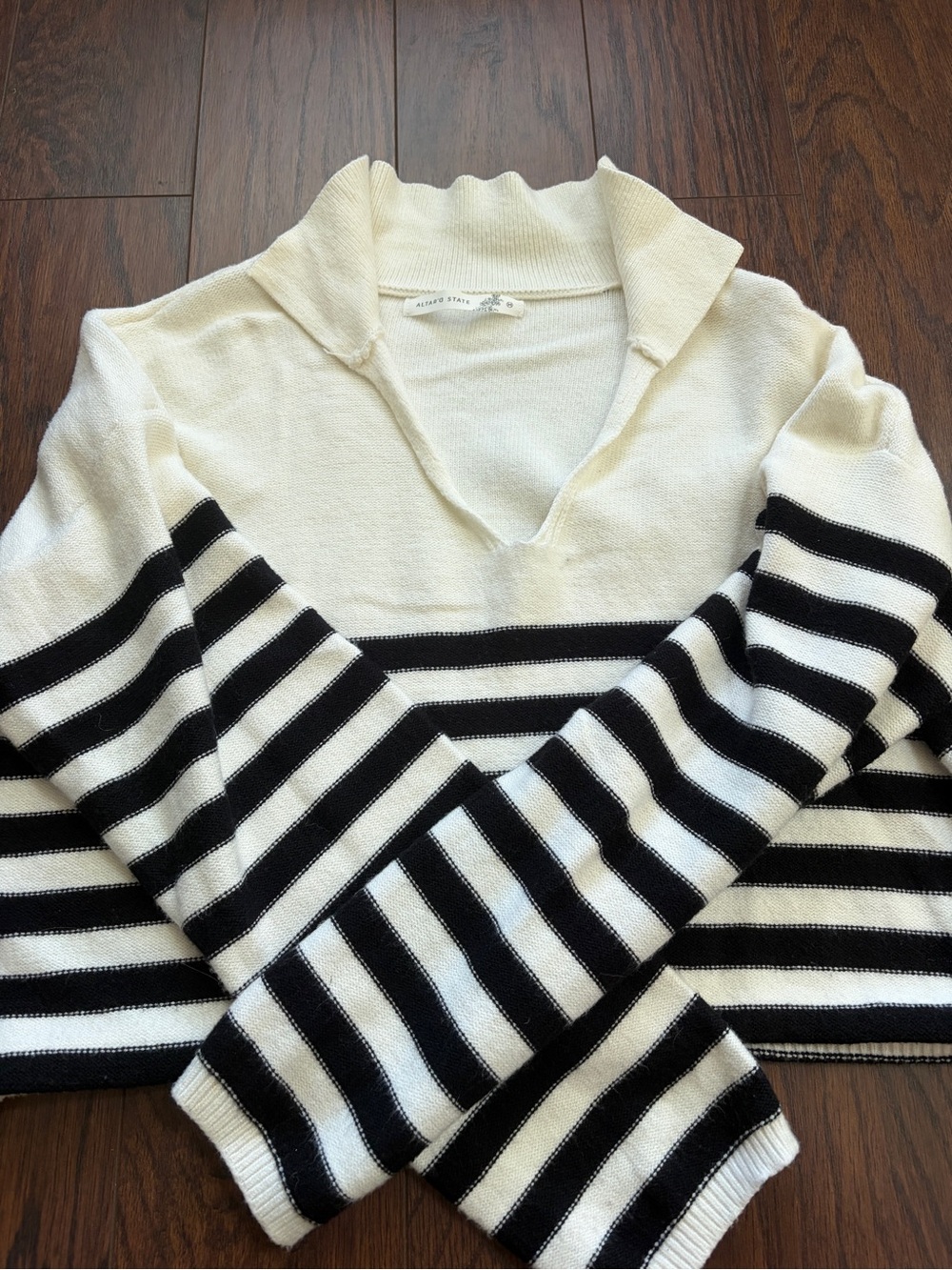 Altar'd State Cream & Black Striped V-Neck Sweater